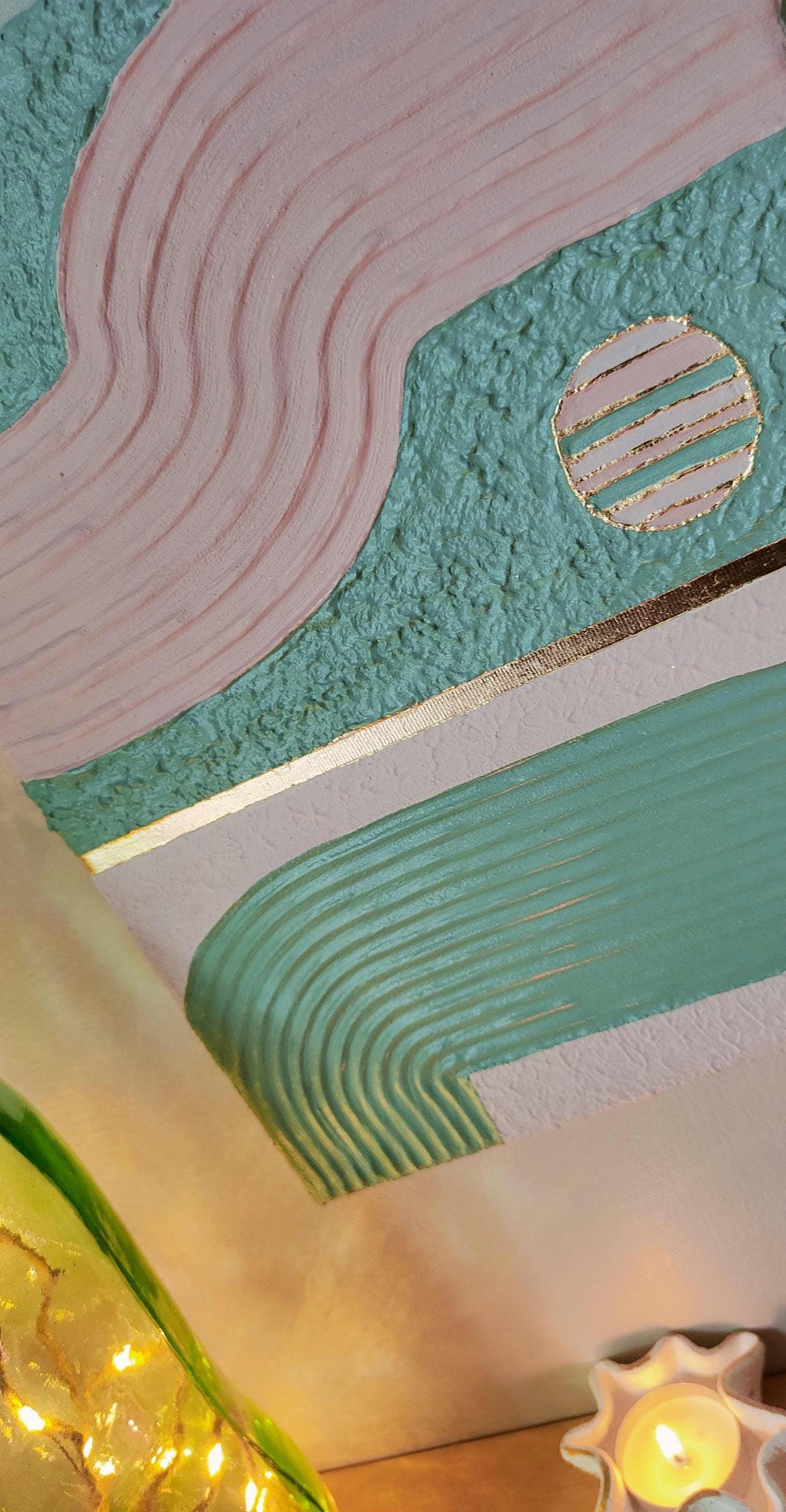 Peinture texturée arches vert rose or relief design 24x29cm cadre noir inclus LOEV