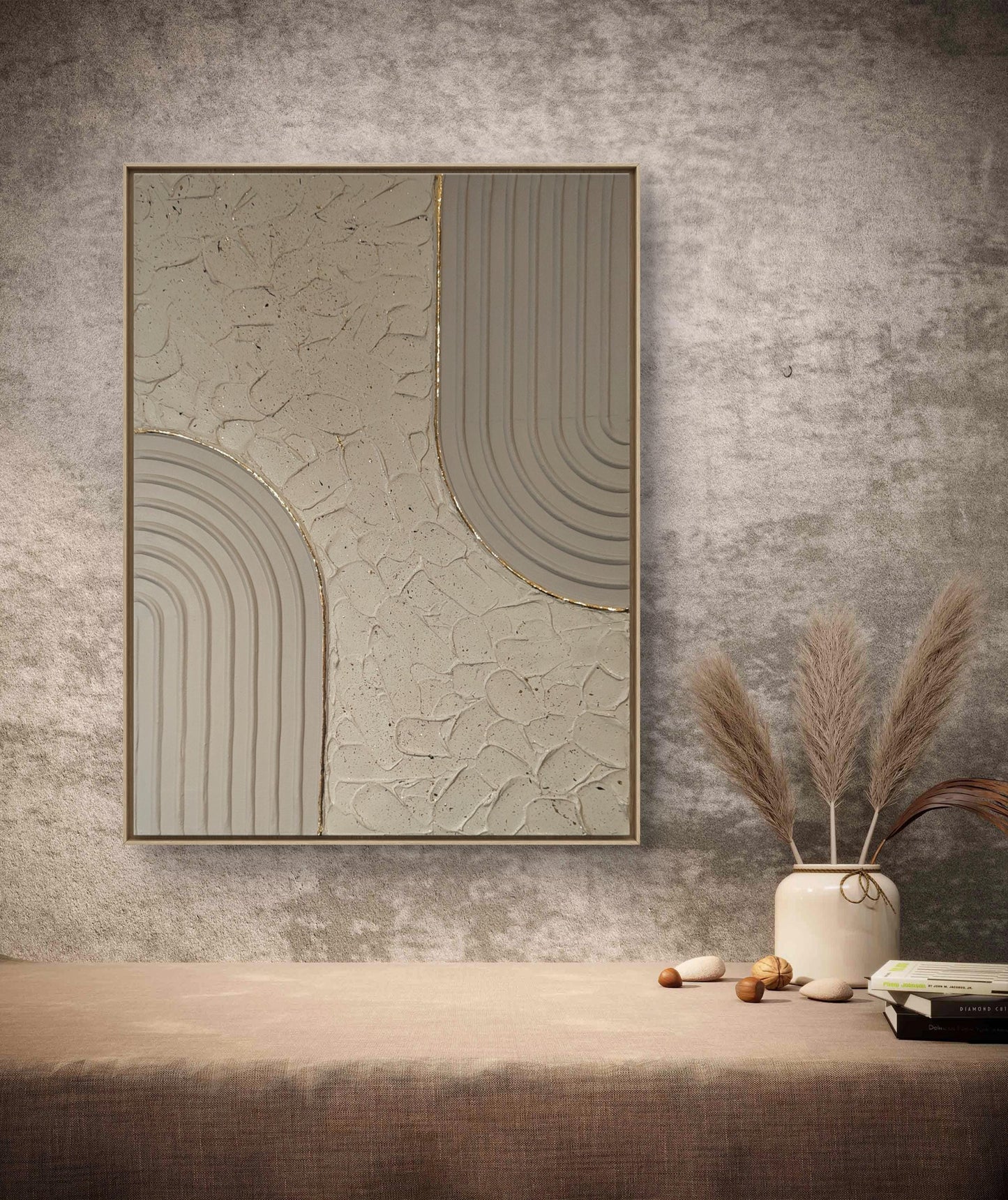 Décoration murale texturée beige doré relief 30x40cm encadré premium