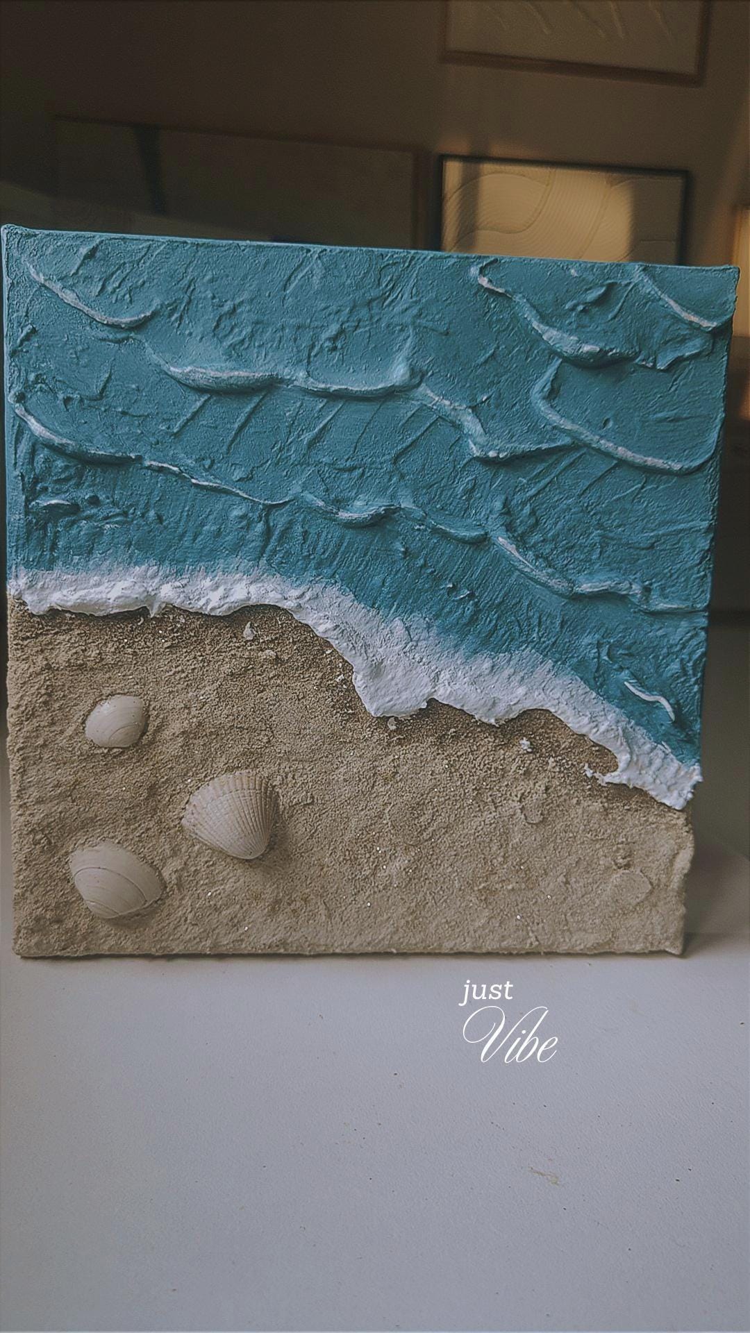 Décoration murale texturée plage relief 20x20cm turquoise beige encadré