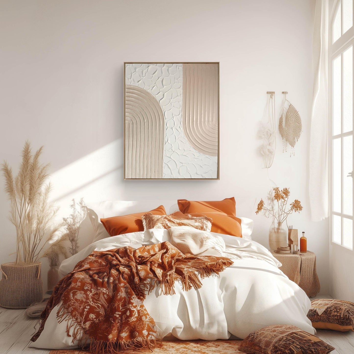 Art mural texturé arches beige blanc relief minimaliste 24x30cm encadré France