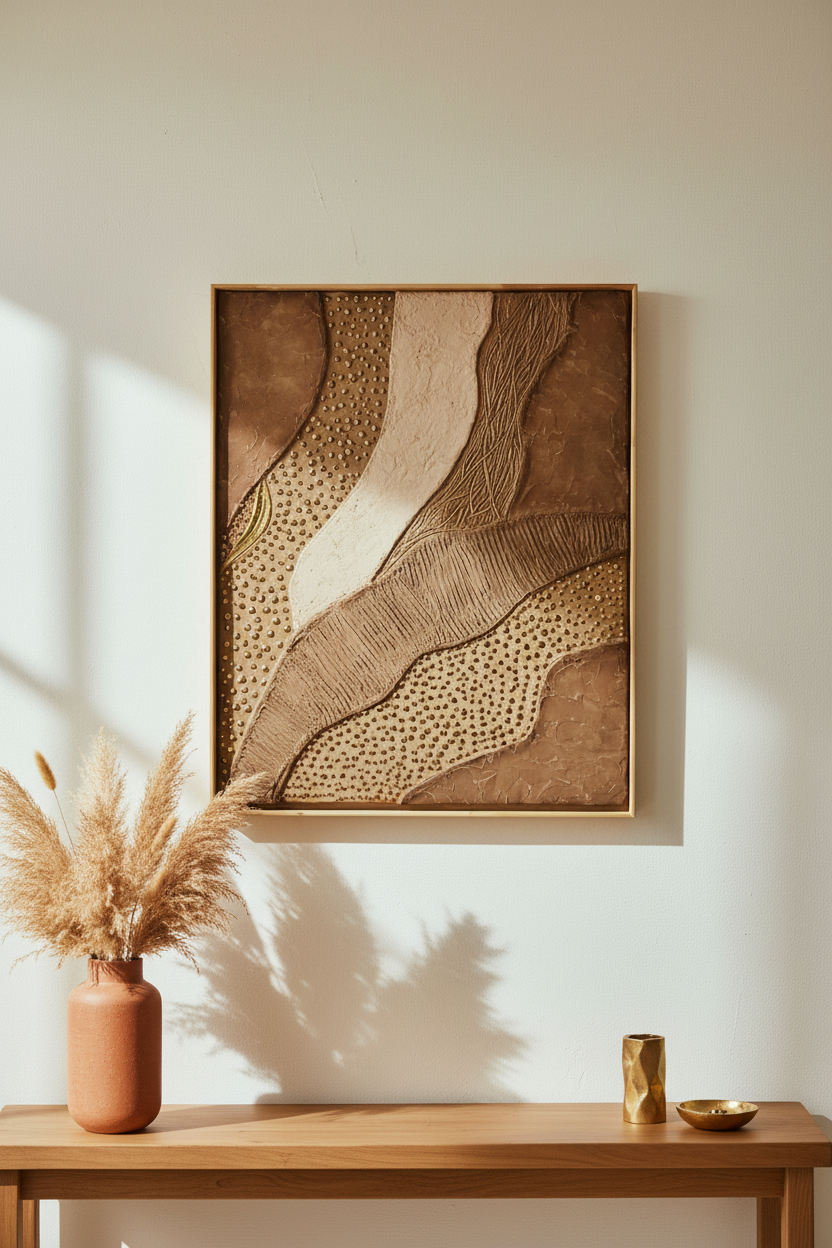 Tableau plâtre texturé brou de noix feuille or - art mural relief artisanal LOEV DECO