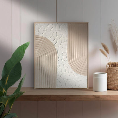 Tableau texturé arches beige blanc relief artisanal 24x30cm encadré fait main LOEV DECO