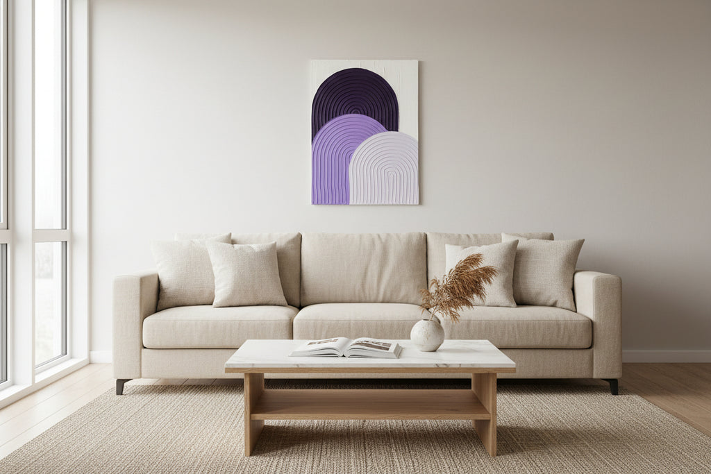 Décoration intérieure élégante - Tableau texturé violet blanc arches relief 30x40 cm - Art mural moderne fait main sur mesure

