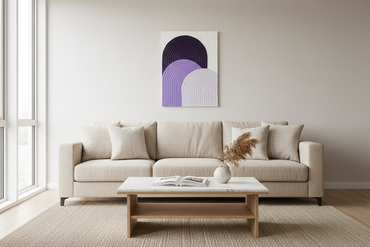Décoration intérieure élégante - Tableau texturé violet blanc arches relief 30x40 cm - Art mural moderne fait main sur mesure

