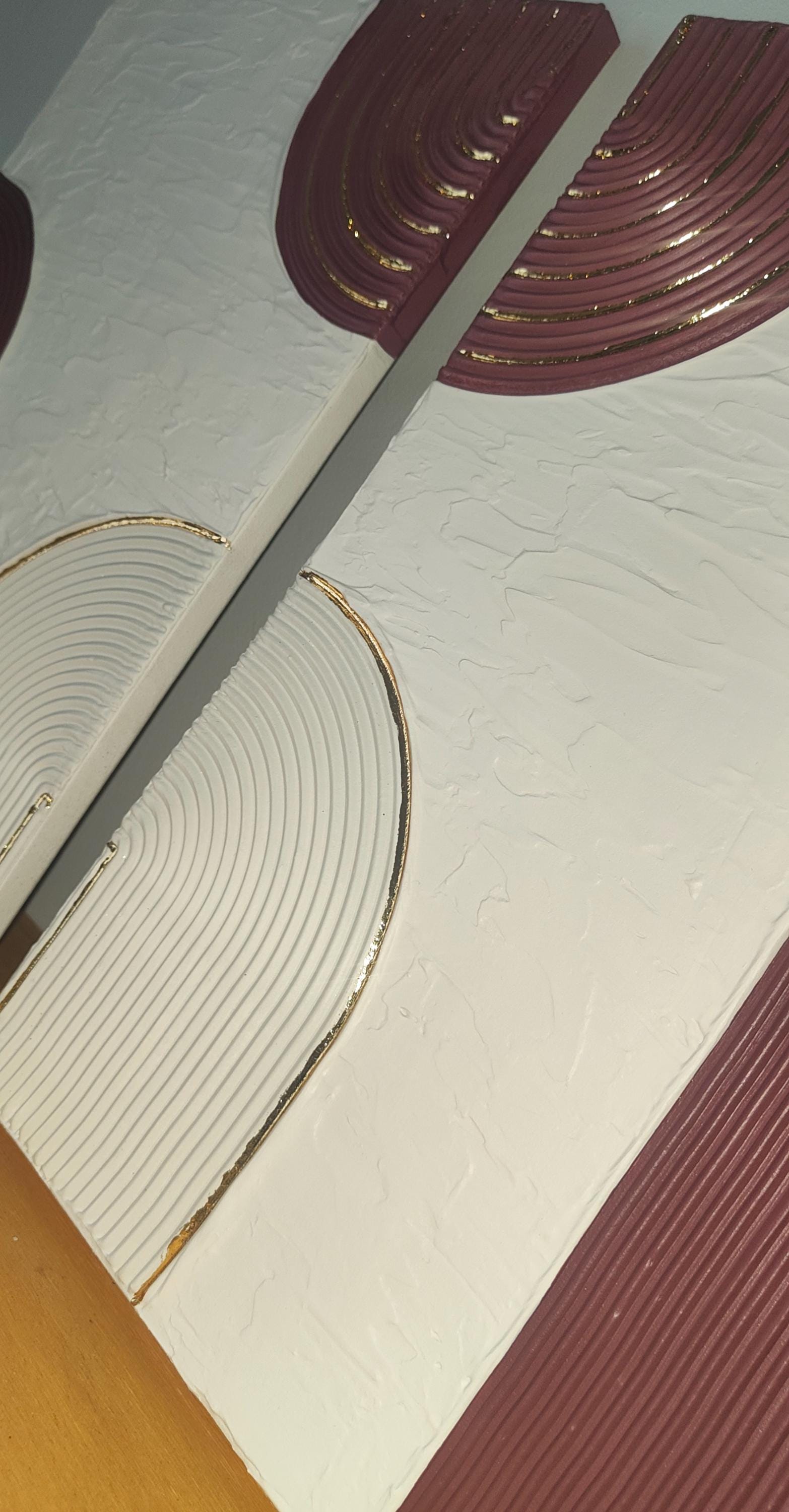 2 tableaux texturés burgundy beige or relief fait main France cadre inclus