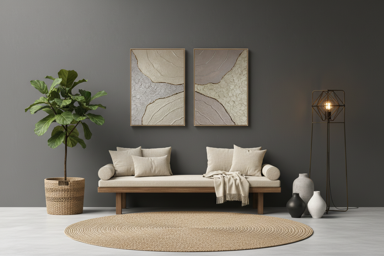 2 tableaux texturés beige or relief fait main France 40x50cm cadre inclus LOEV