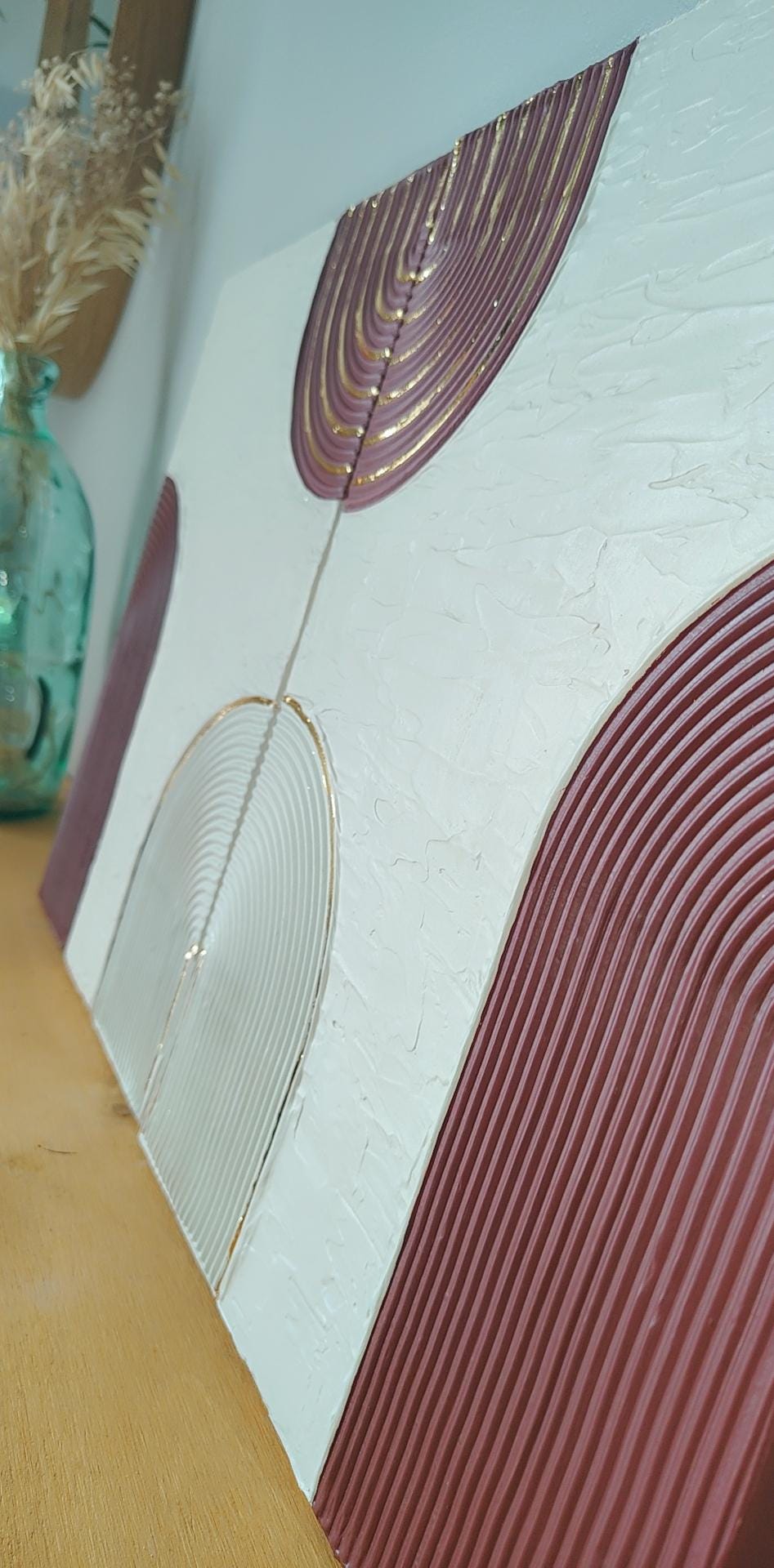 Diptyque tableaux burgundy beige or détail relief feuille d'or 30x40cm