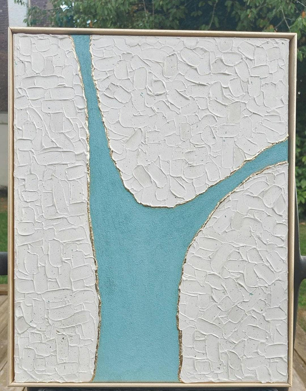tableau design artisanal 40*50 vert et beige texturé et relief feuille d'or