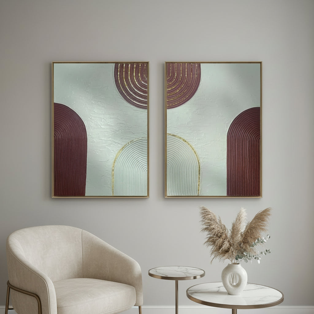 2 tableaux texturés burgundy beige or relief fait main France cadre inclus