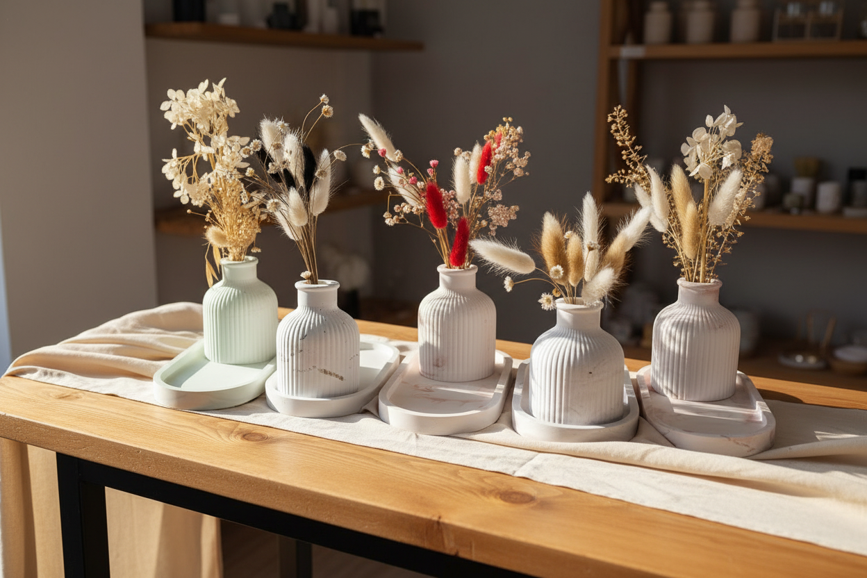 Plateau Vase Céramique Texturé + Fleurs Séchées - 5 Couleurs LOEV