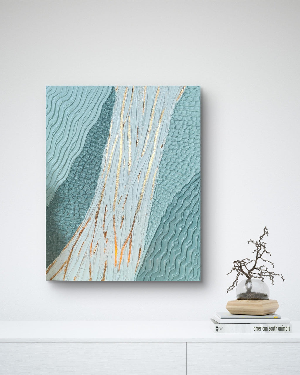 Tableau texturé vert or relief organique 24x29cm encadré fait main LOEV DECO