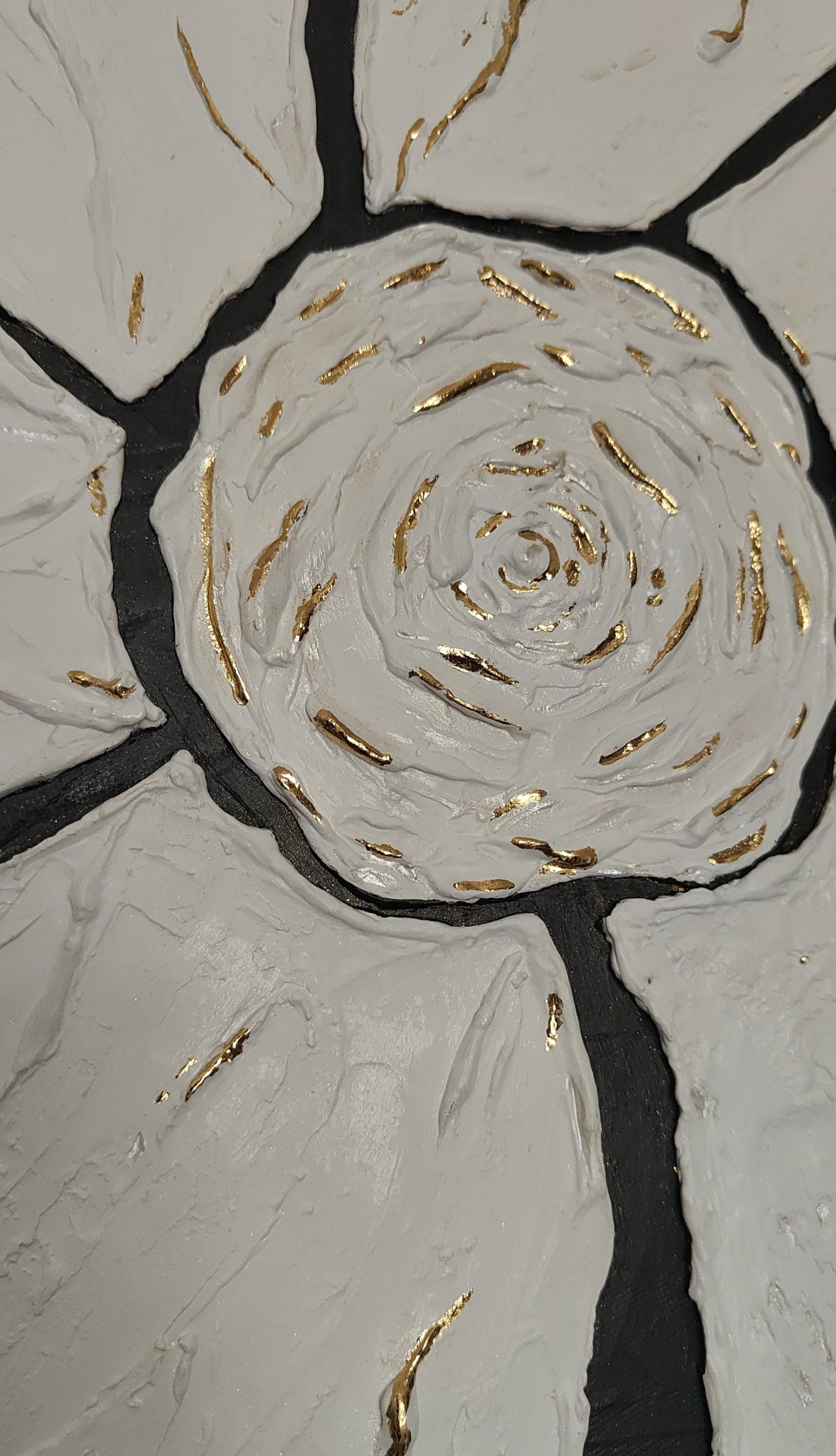 Tableau grand format 80x60 cm relief plâtre noir blanc or