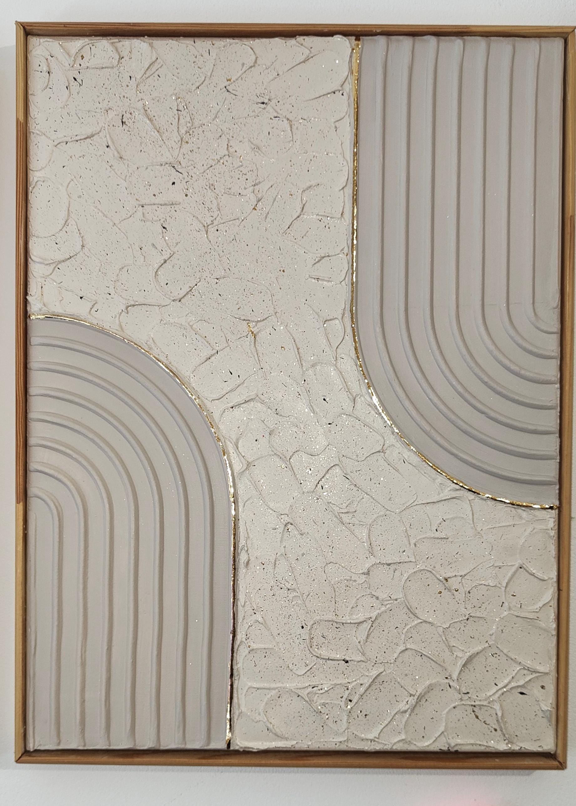 Tableau décoratif beige or relief artisanal texture fait main 30x40cm