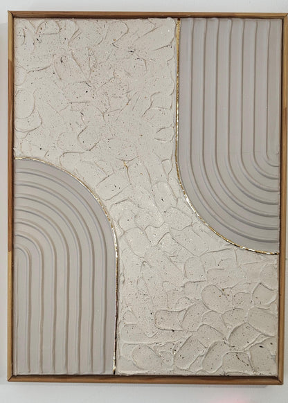 Tableau décoratif beige or relief artisanal texture fait main 30x40cm