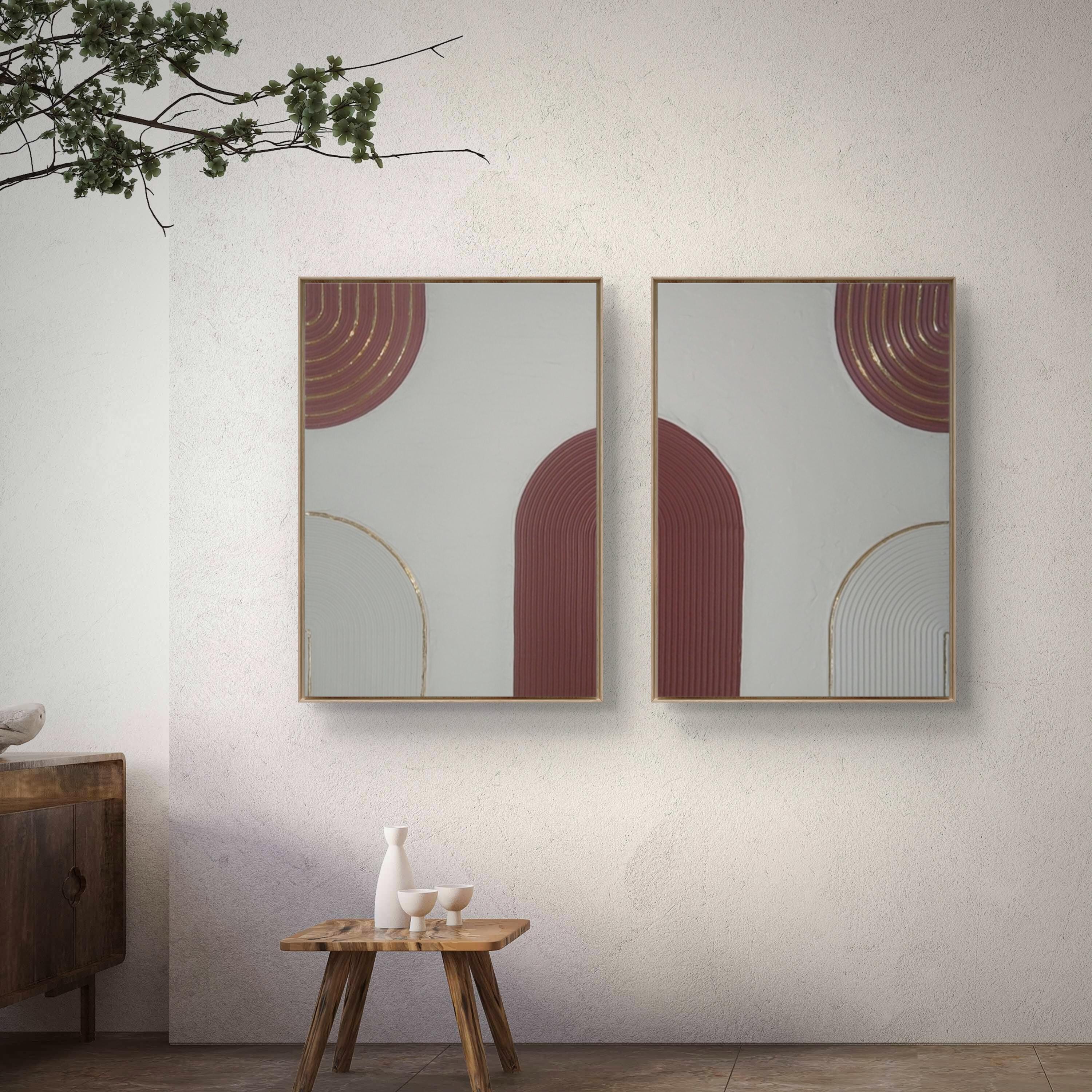 Duo tableaux burgundy beige or arches relief artisanal cadre inclus