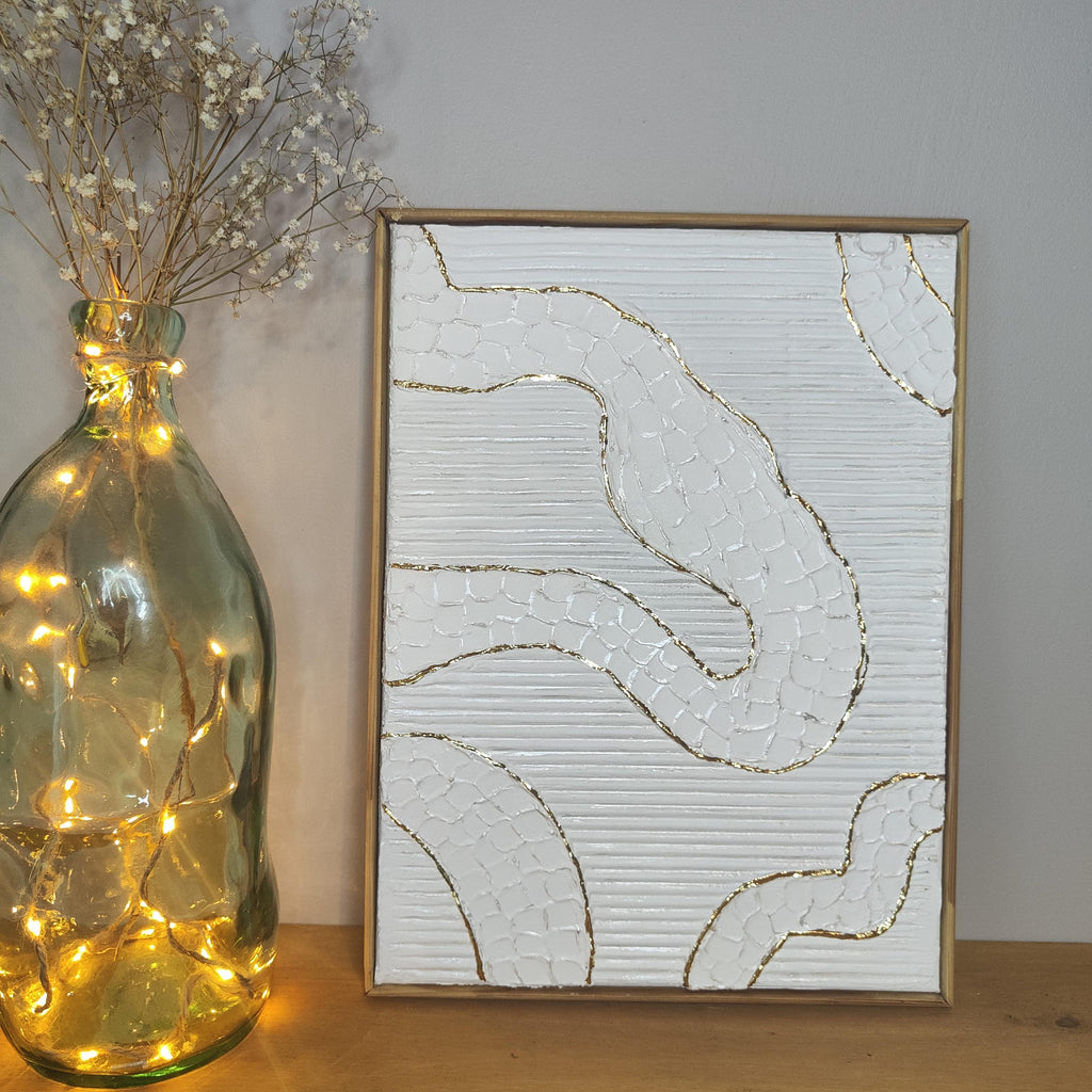 Art texturé blanc or relief élégant 30x40cm décoration murale cadre