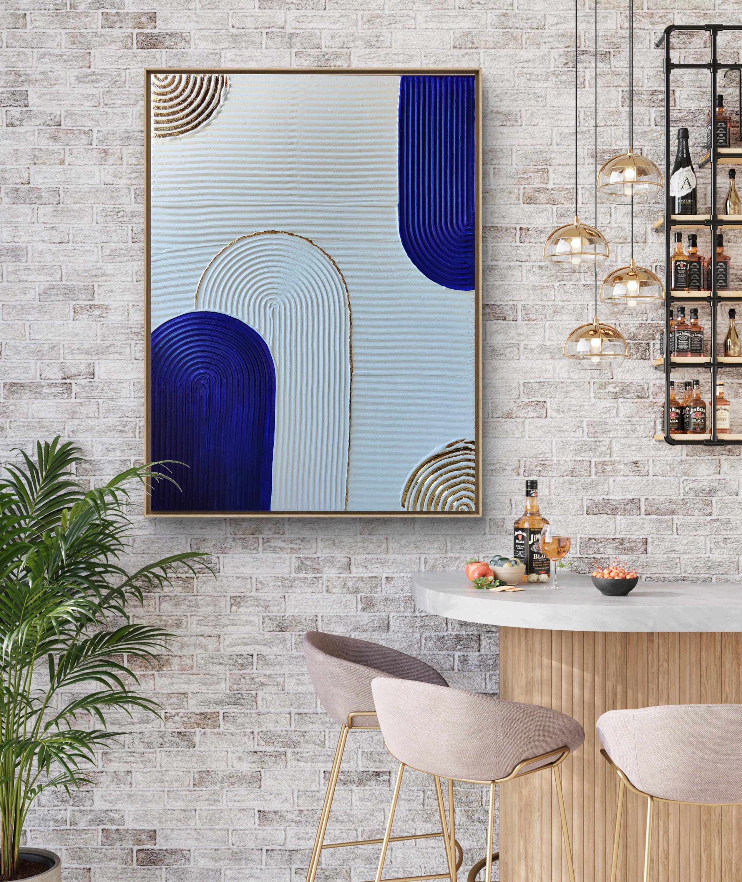 Art texturé bleu blanc or arches relief élégant 30x40cm décoration murale cadre