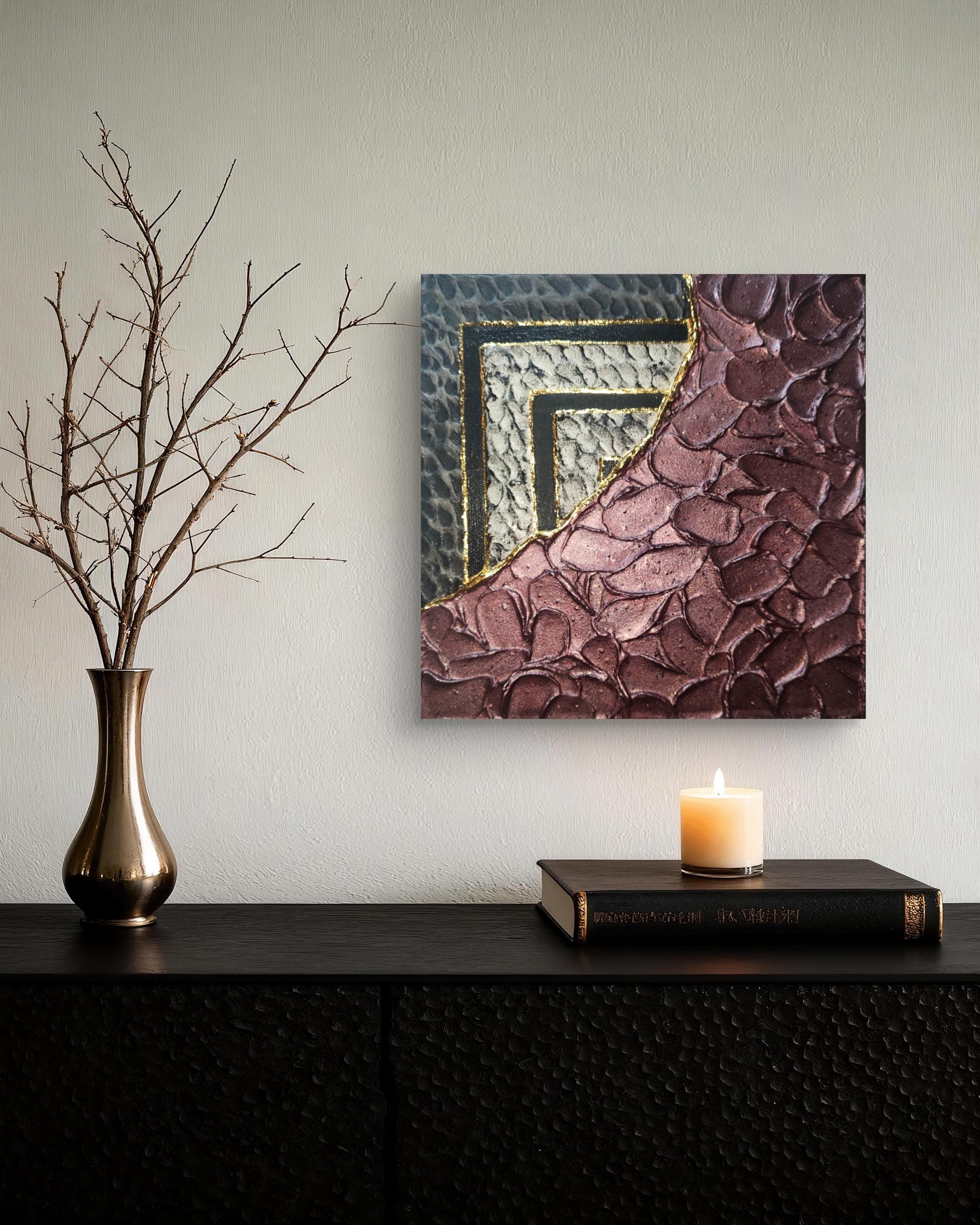 Tableau décoratif prune noir or relief artisanal texture fait main 20x20cm
