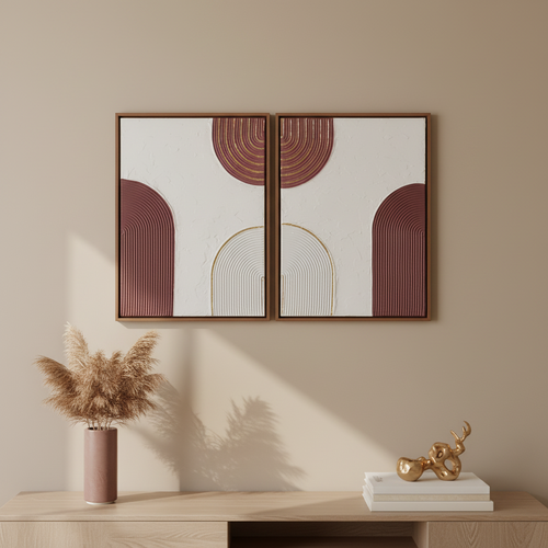 Diptyque 2 tableaux texturés burgundy beige or arches relief 30x40cm LOEV DECO