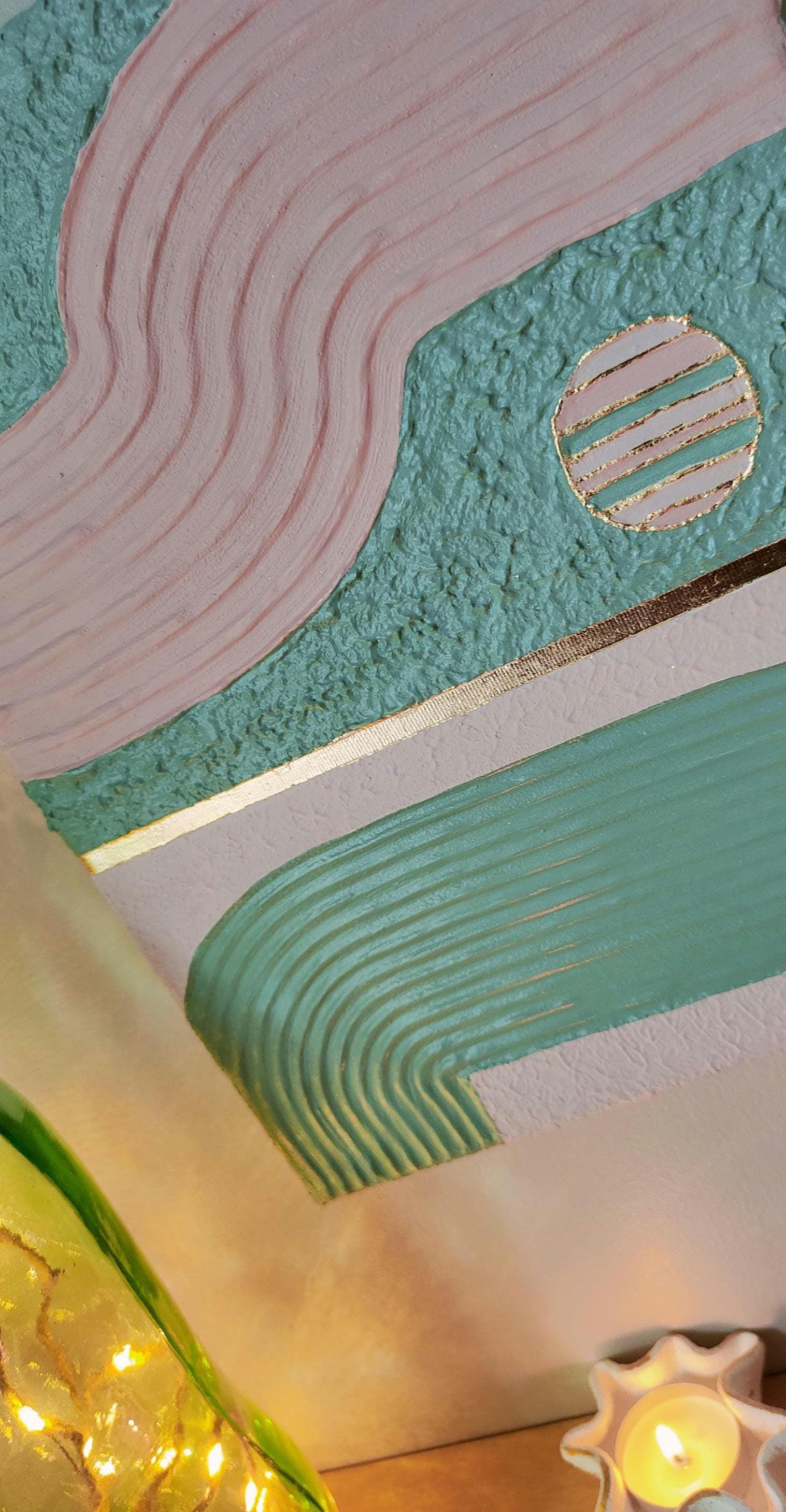 Peinture texturée arches vert rose or relief design 24x29cm cadre noir inclus LOEV
