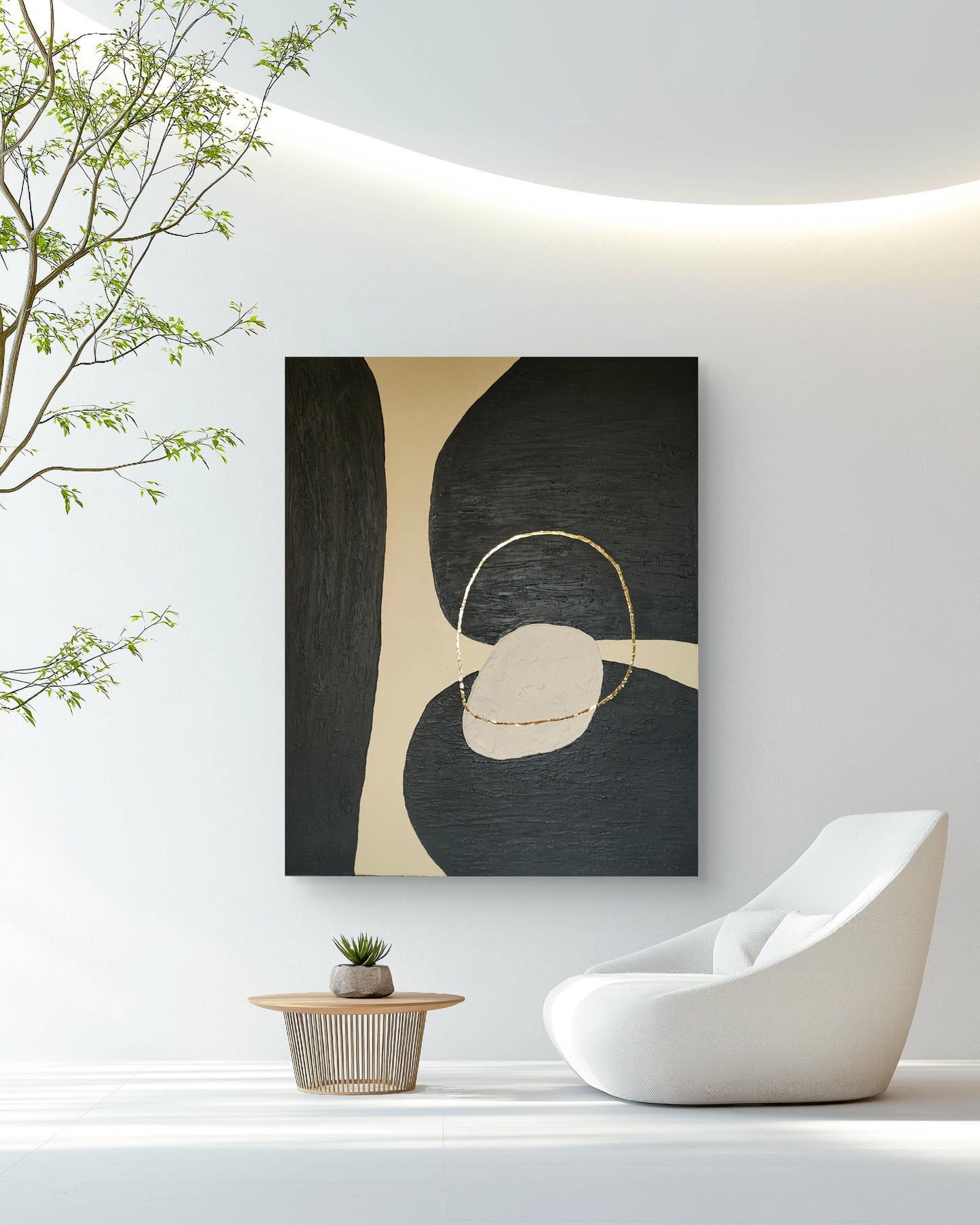 Tableau décoratif noir beige or relief organique artisanal texture fait main 40x50cm