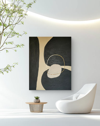 Tableau décoratif noir beige or relief organique artisanal texture fait main 40x50cm