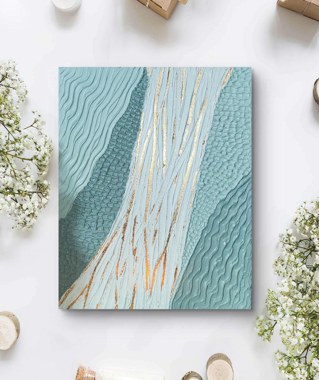 Tableau décoratif vert or relief organique artisanal texture fait main 24x29cm