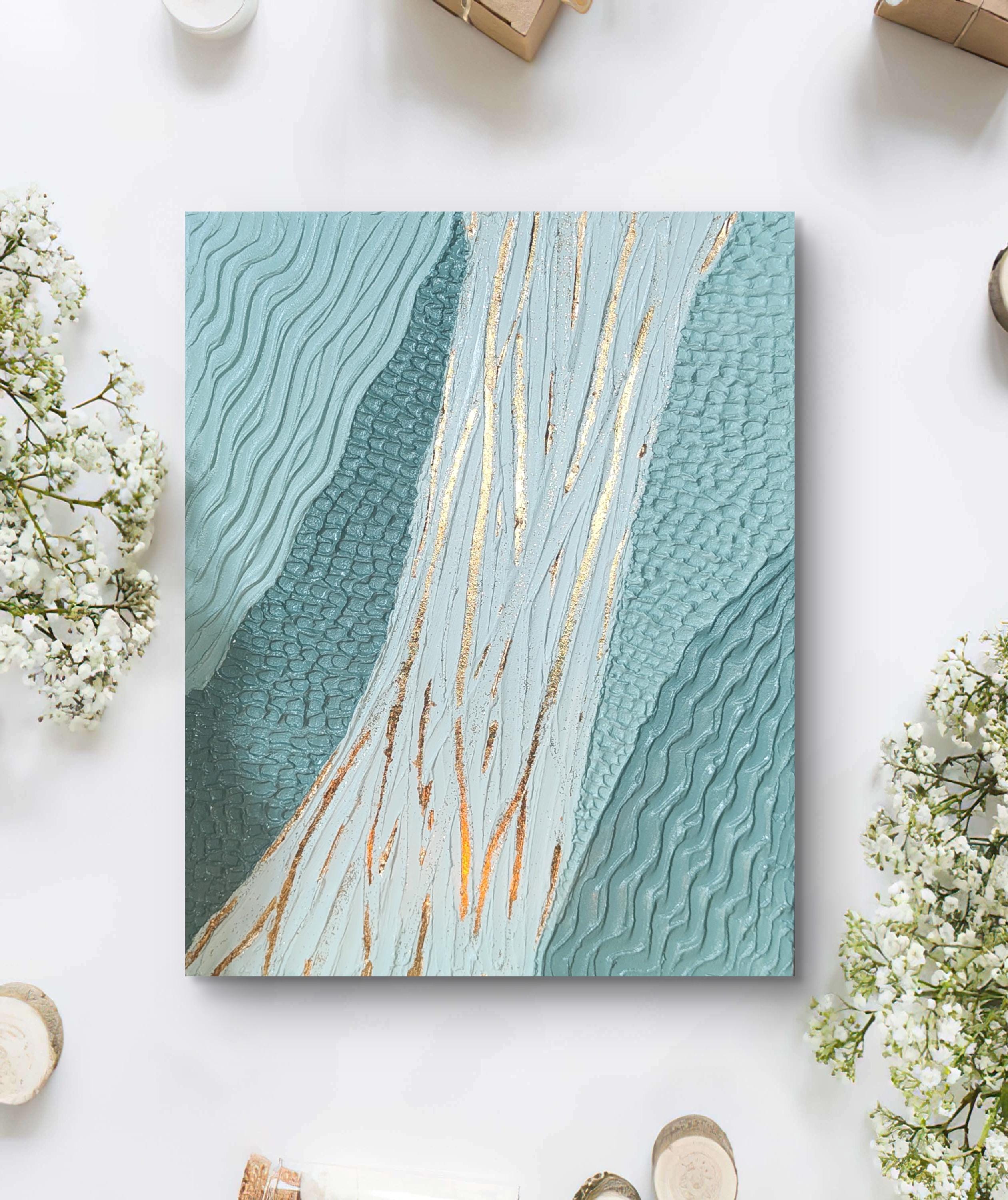 Tableau décoratif vert or relief organique artisanal texture fait main 24x29cm