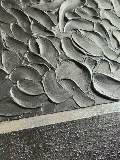 Tableau en relief noir argent 30x40 cm - Détail texture plâtre artisanal - Décoration murale moderne cadre inclus
