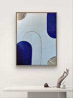 Tableau relief bleu blanc doré arches texture organique 30x40cm art mural encadré