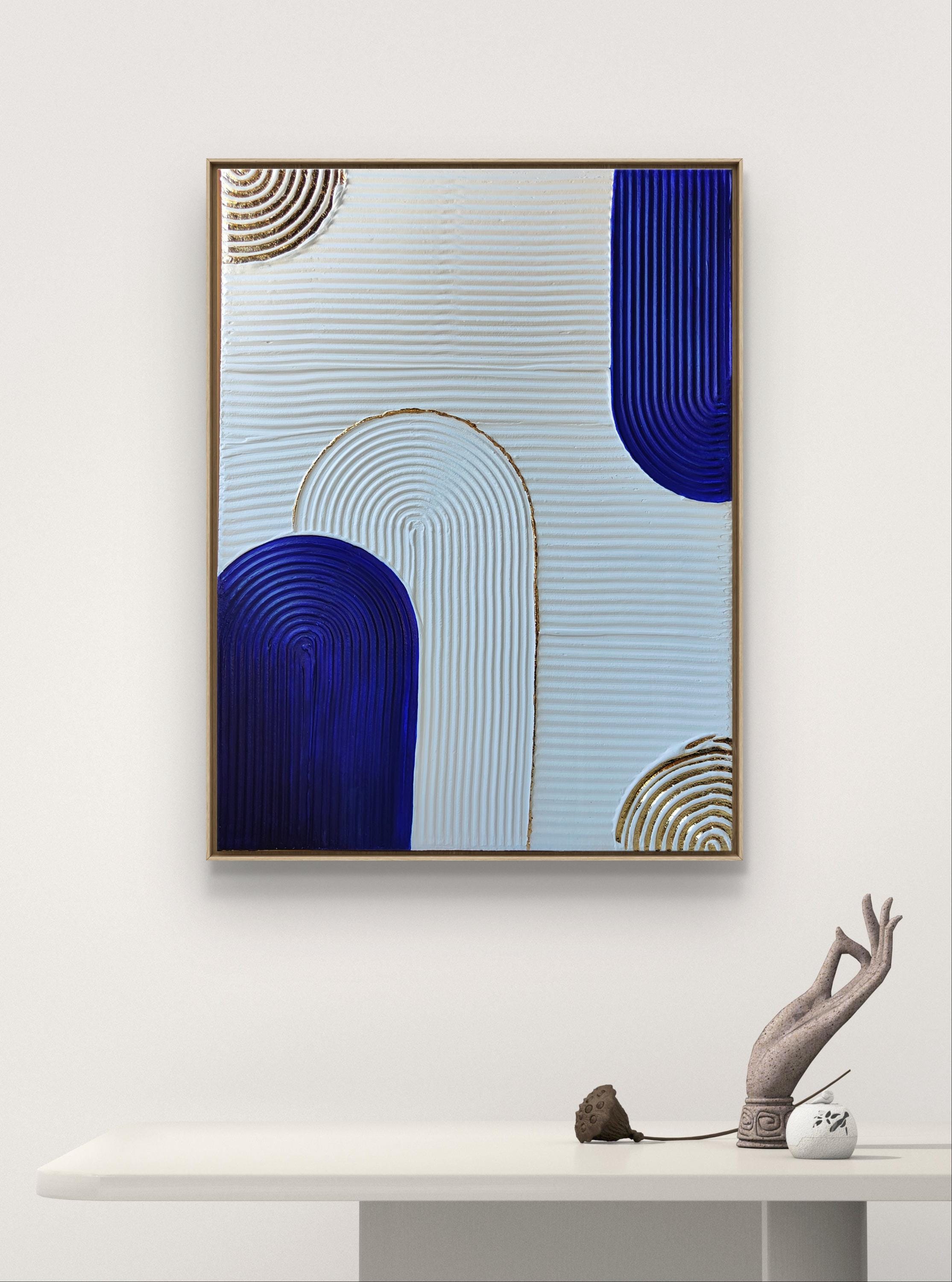 Tableau relief bleu blanc doré arches texture organique 30x40cm art mural encadré