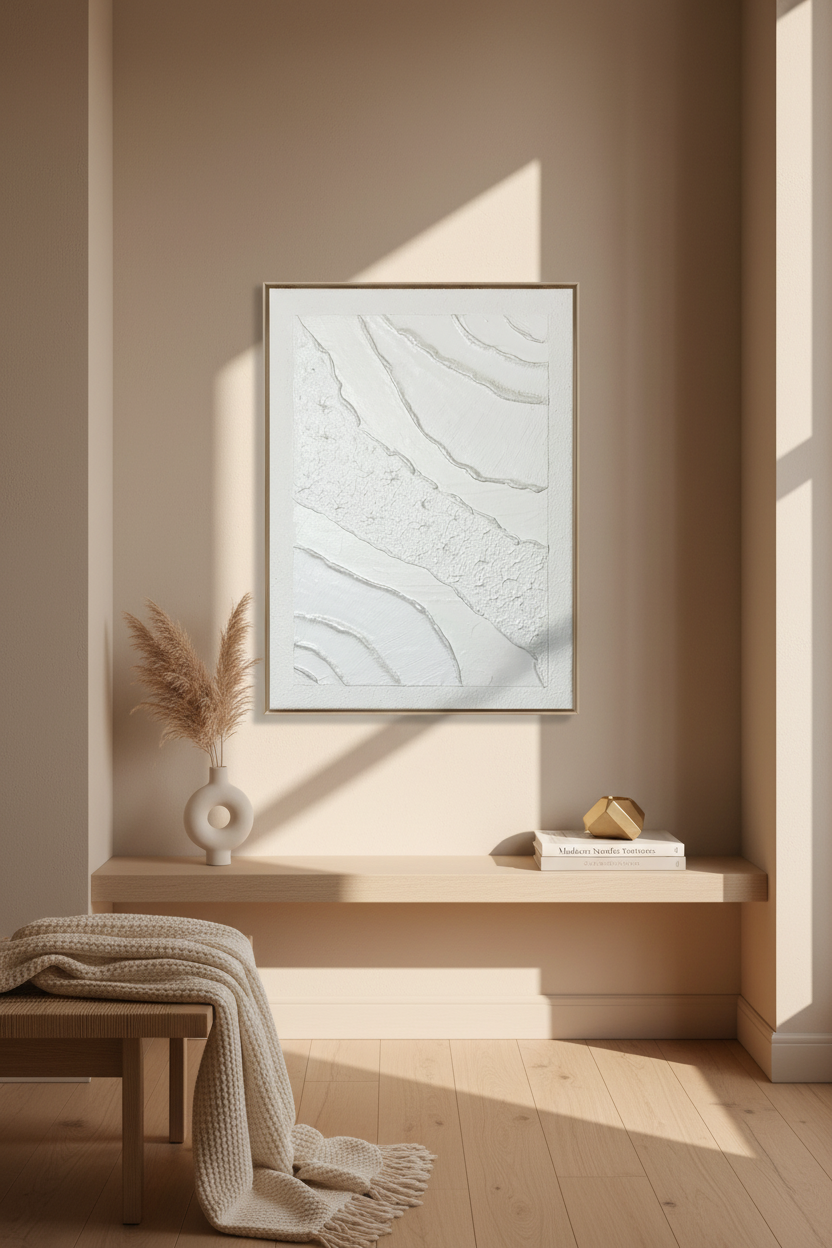 Tableau blanc iridescent relief artisanal 30x40cm texture fait main France premium

