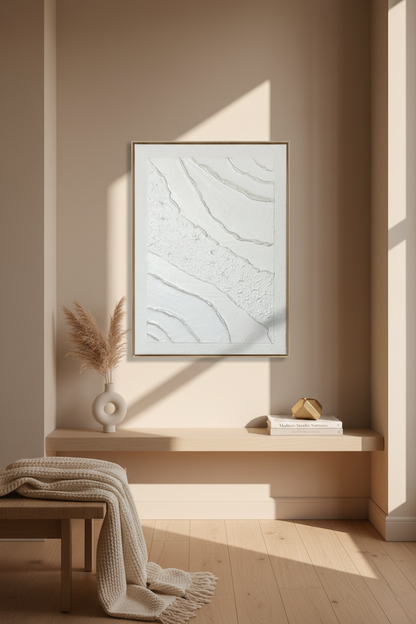 Tableau blanc iridescent relief artisanal 30x40cm texture fait main France premium

