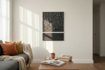 Décoration murale moderne noir argent - Tableau texturé relief 30x40 cm pièce unique fait main France - Art mural élégant LOEV DECO
