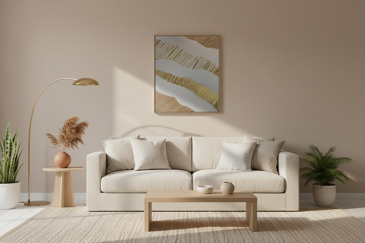 Décoration murale texturée blanc beige doré relief 40x50cm encadré sophistiqué