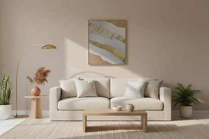 Décoration murale texturée blanc beige doré relief 40x50cm encadré sophistiqué
