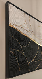 Peinture texturée en relief noir blanc or - Tableau moderne vagues plâtre 50x40 cm - Décoration murale LOEV DECO
