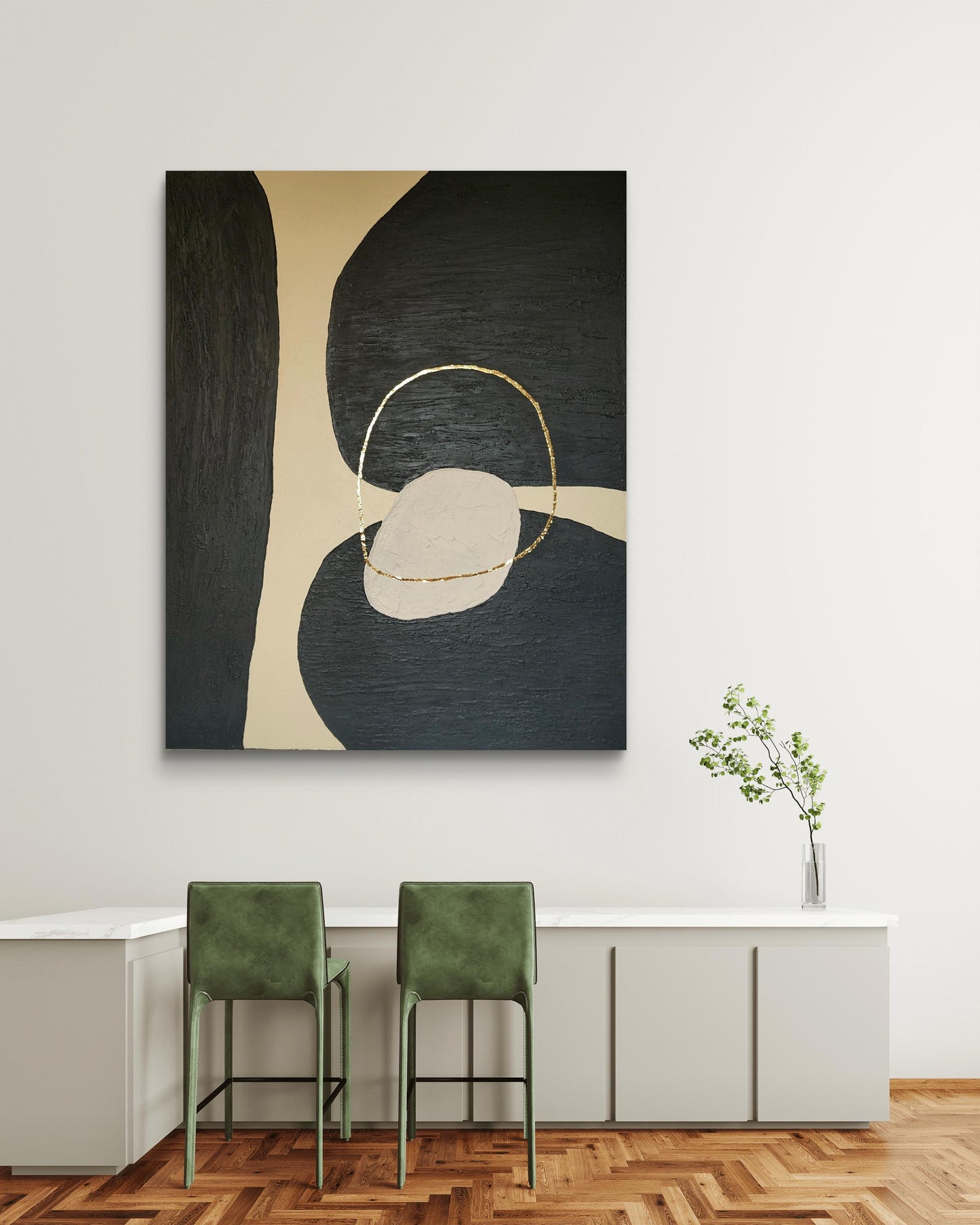 Tableau texturé noir beige or relief organique 40x50cm encadré fait main LOEV DECO