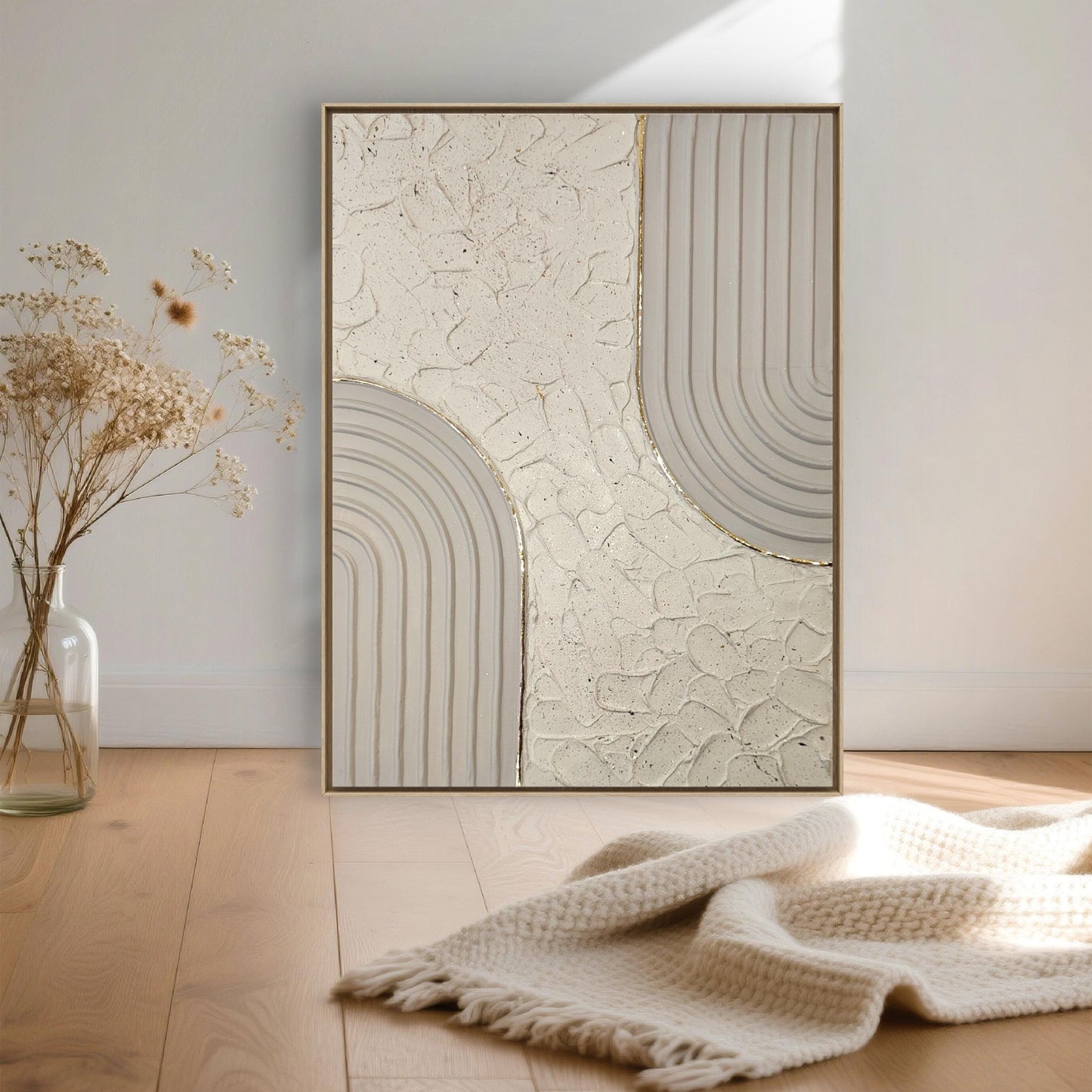 Tableau texturé beige or relief artisanal 30x40cm encadré fait main LOEV DECO