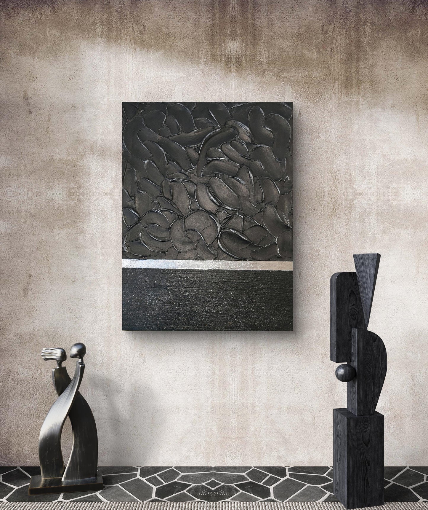 Tableau noir argent relief 30x40 cm pièce unique - Art mural texturé artisanal fait main France - Décoration intérieure moderne
