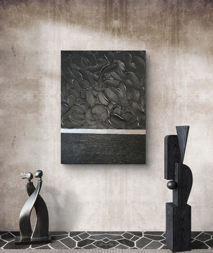 Tableau noir argent relief 30x40 cm pièce unique - Art mural texturé artisanal fait main France - Décoration intérieure moderne
