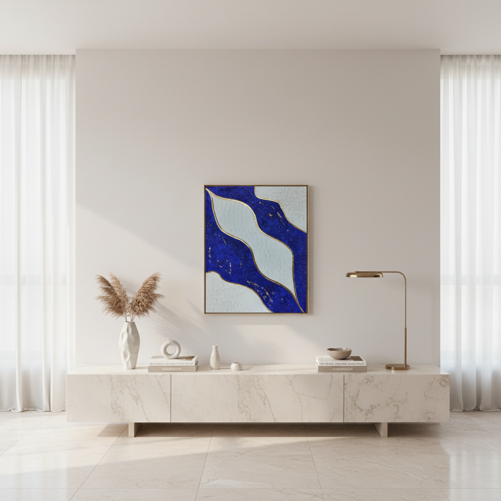 art mural en relief design feuille d'or bleu et blanc LOEV