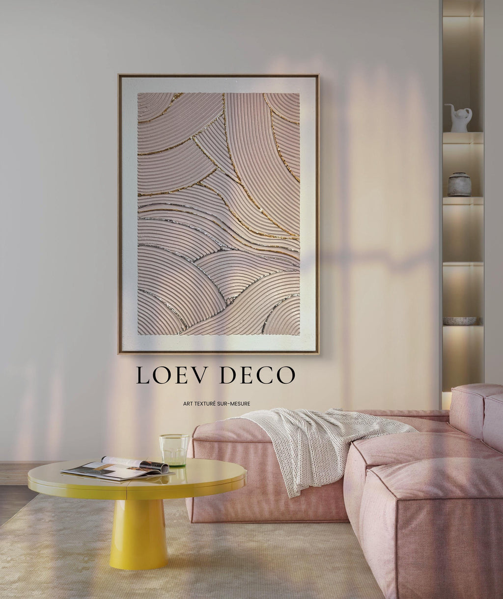 Décoration murale texturée rose poudré or argent relief 30x40cm encadré sophistiqué