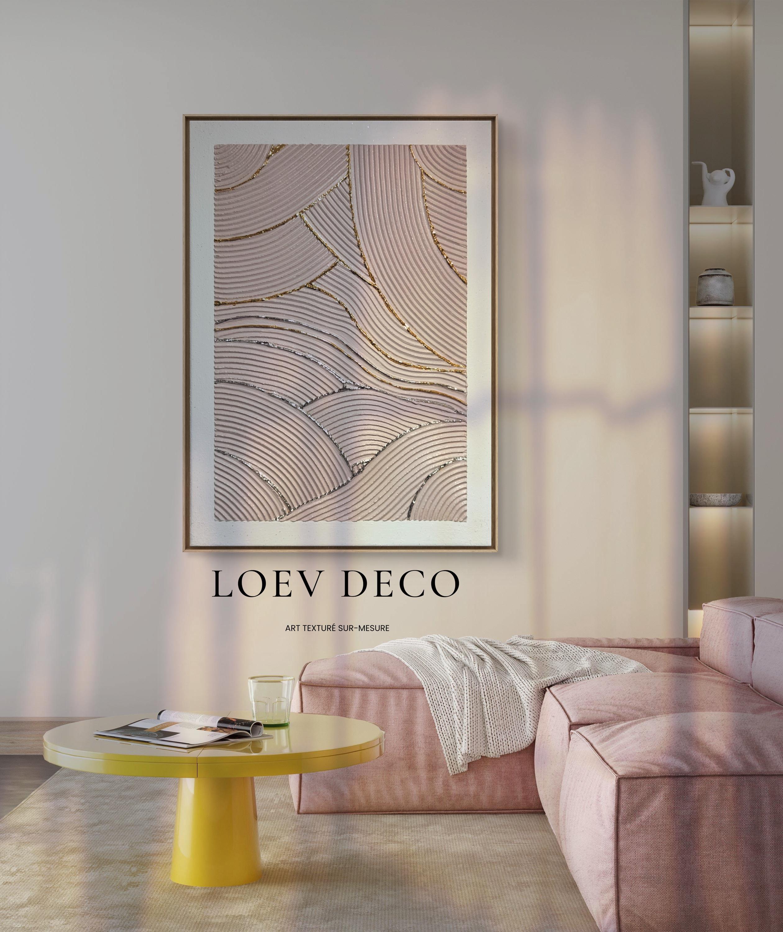 Décoration murale texturée rose poudré or argent relief 30x40cm encadré sophistiqué
