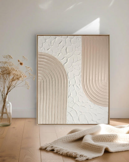 Peinture texturée arches beige blanc relief design 24x30cm cadre noir inclus LOEV