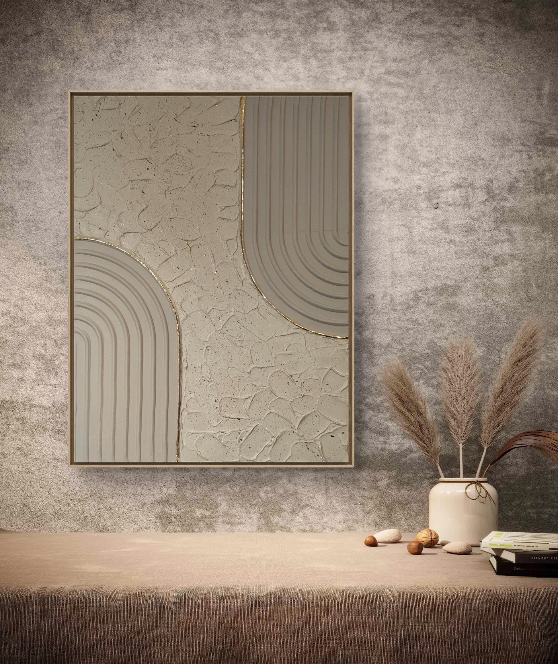 Décoration murale texturée beige doré relief 30x40cm encadré premium