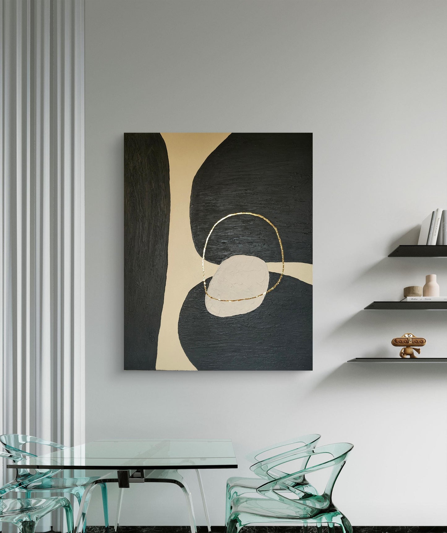 Détail relief plâtre noir beige feuille d'or texture organique 40x50cm cadre inclus