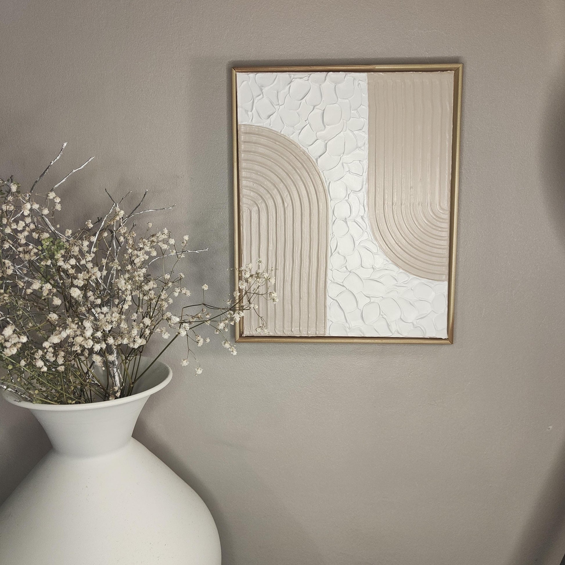 Tableau décoratif arches beige blanc relief artisanal texture fait main 24x30cm