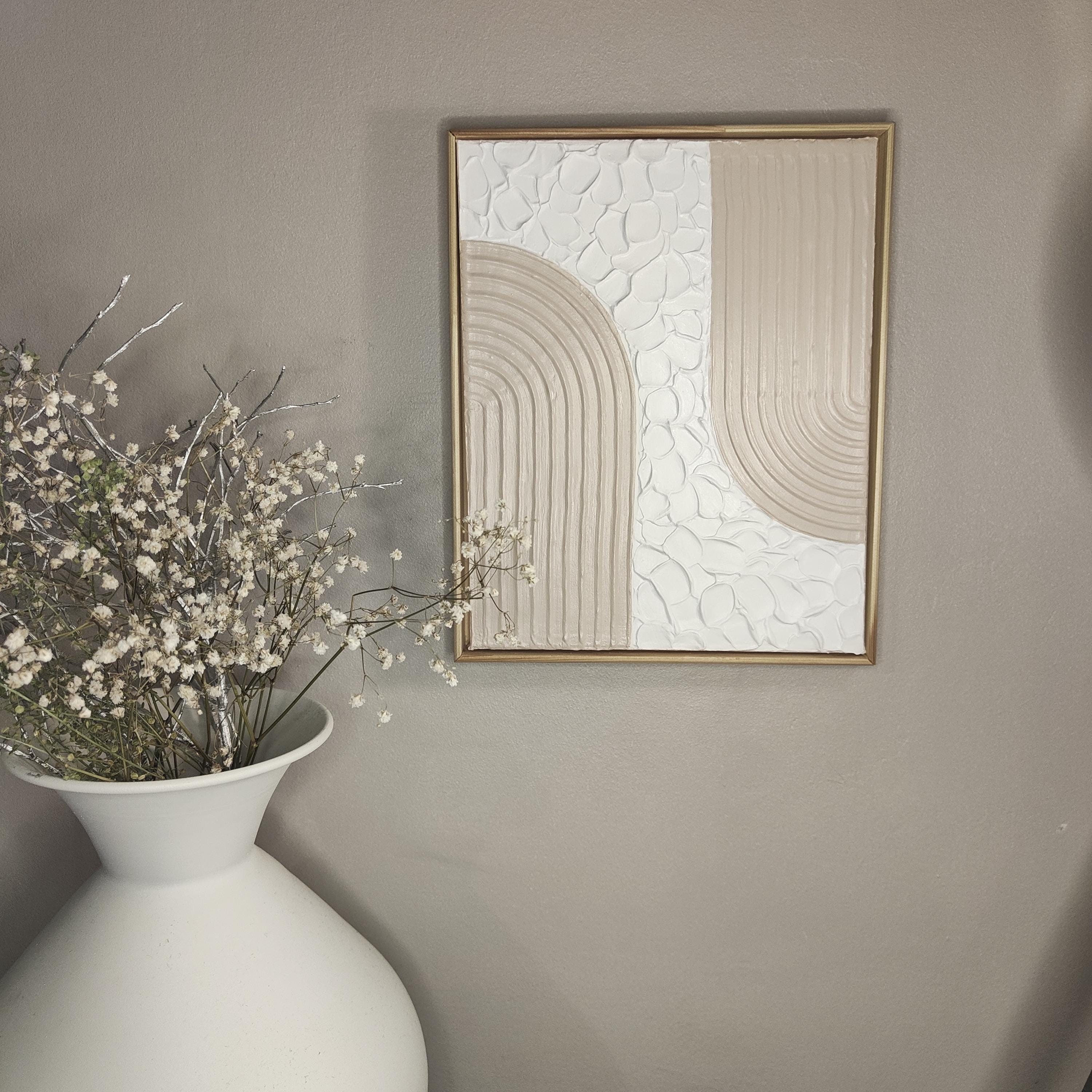 Tableau décoratif arches beige blanc relief artisanal texture fait main 24x30cm