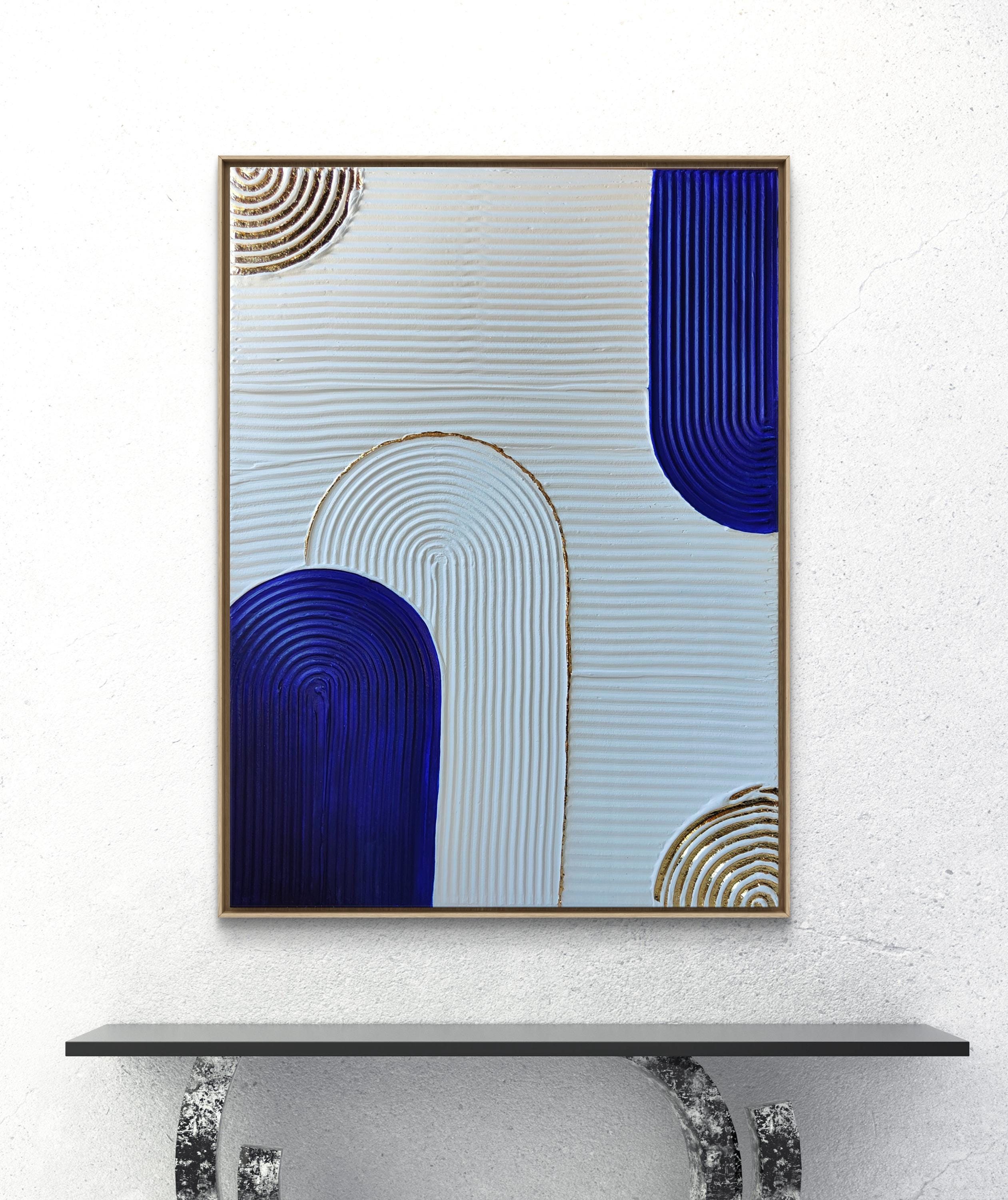 Décoration murale texturée bleu blanc doré arches relief 30x40cm encadré premium